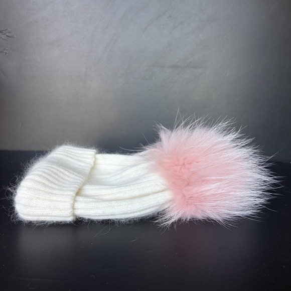 Linda Richard\'s Fur Beanie Hat Ivory Pink Pom Pom Luxury Mohair Soft Cozy main image 2